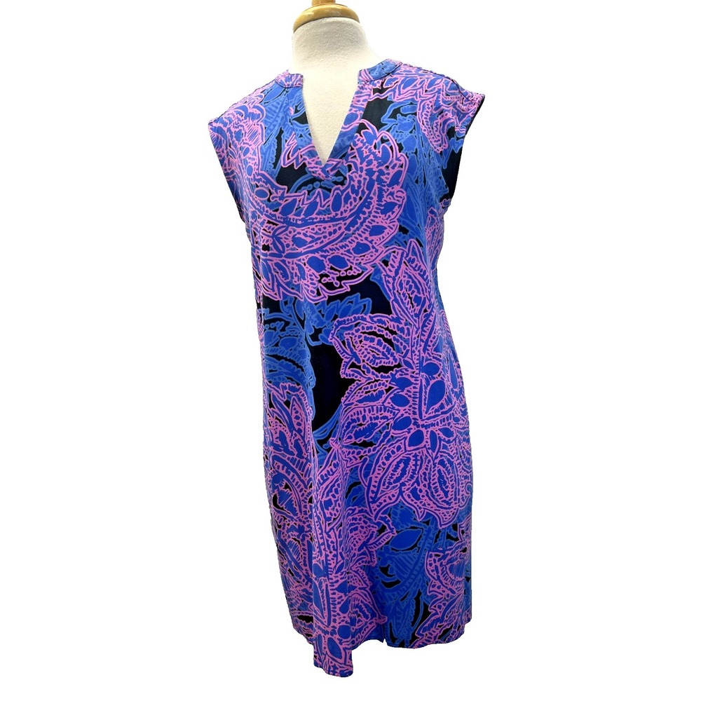 Tori Richard Honolulu Short Shift Dress Pink Purple Print V-Neck Sleeveless SZ M